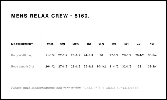 Size chart for a 5160 AS Colour Relax Crew